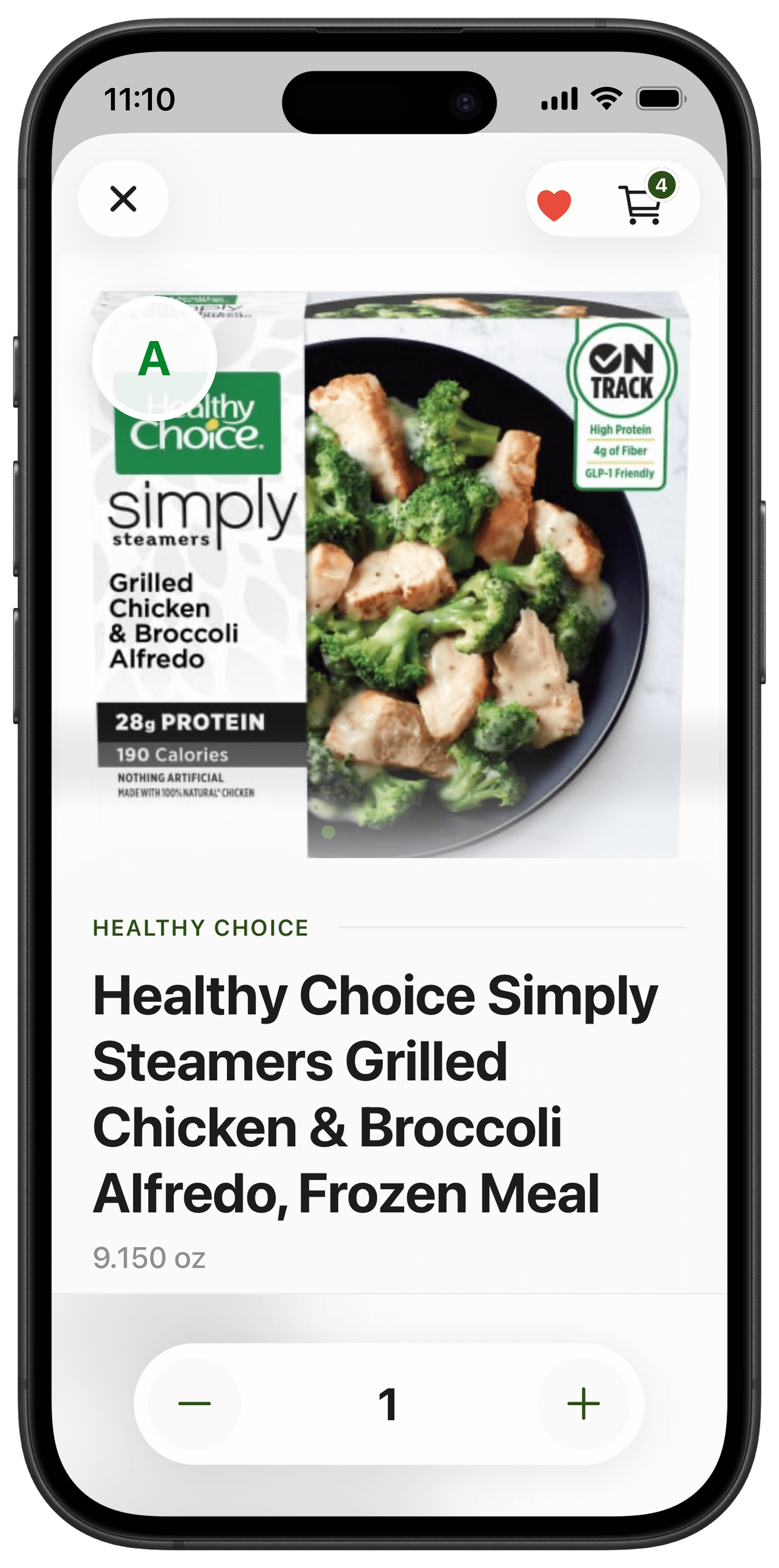 App screenshot showing a product with a clear A health score